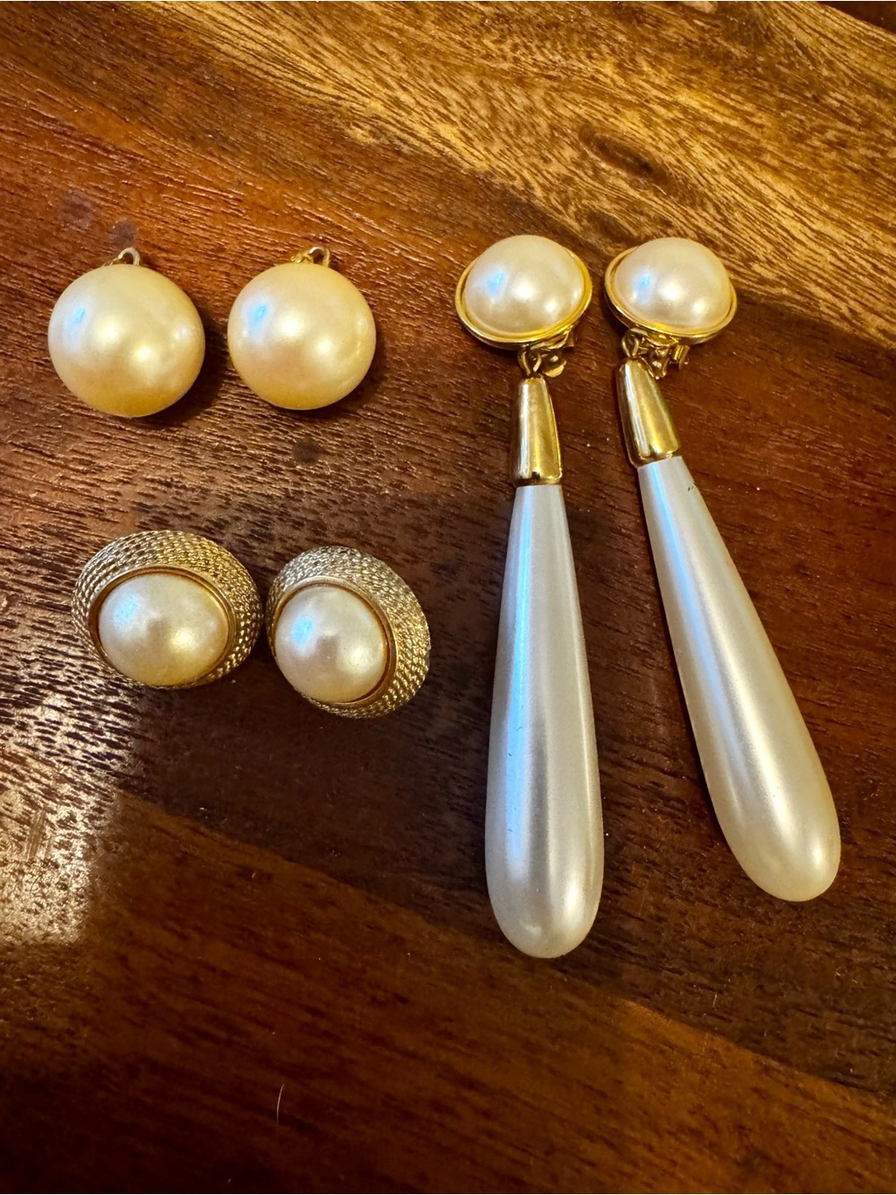 3 Pair Vintage 1980-1990s Clip On Earrings Gold Tone Faux Pearl